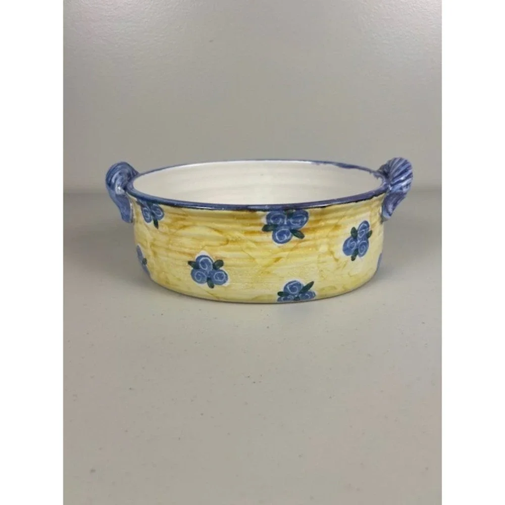 Hand Painted Yellow Blue Floral Ceramic Oval Serving Bowl Handles 10in Signed